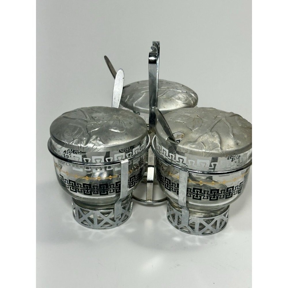 MCM Vtg Libbey Silver Appetizer Condiment Serving Caddy 3 Glass Bowls Lids Spoon
